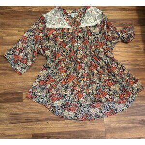 American Rag Cie Plus 2X Floral Boho Peasant Blouse Sheer Lace Yoke Button Front